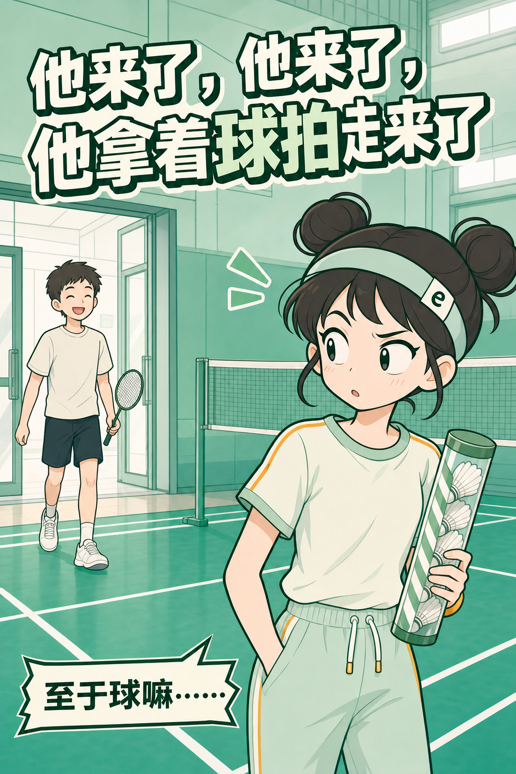 他来了，他拿着球拍走来了