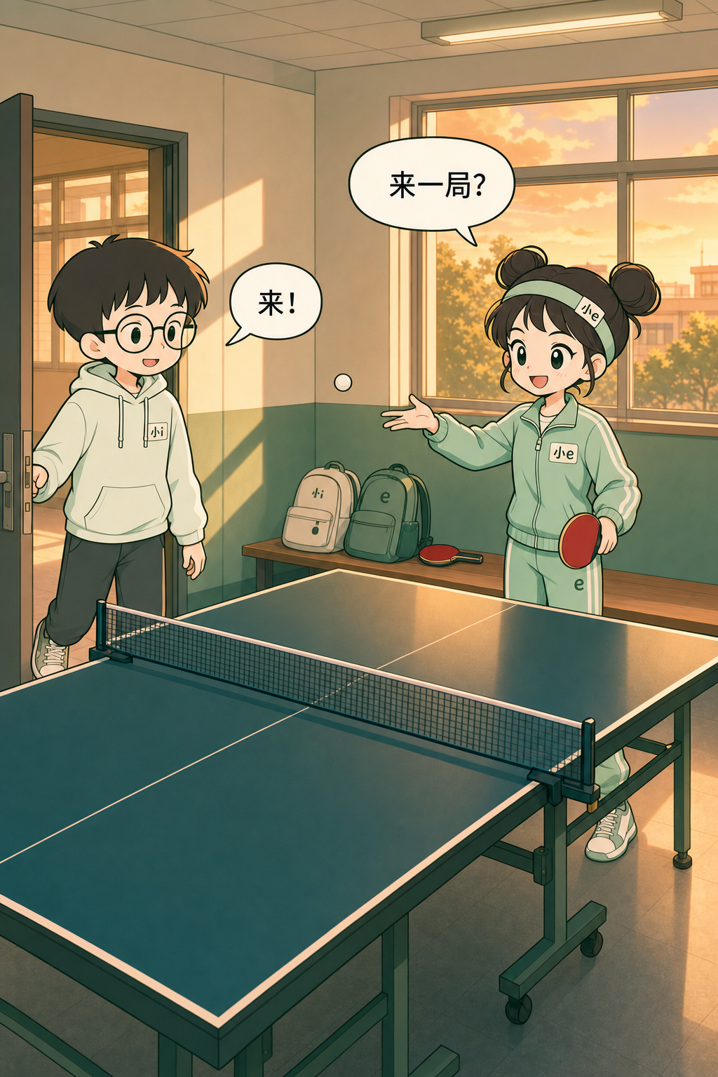 小i和小e在球馆打球