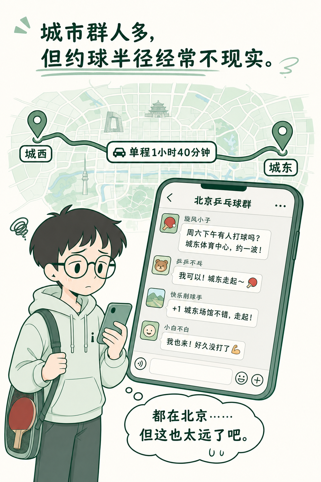 城市群看着很大，但约一次球可能要跨越半个城市